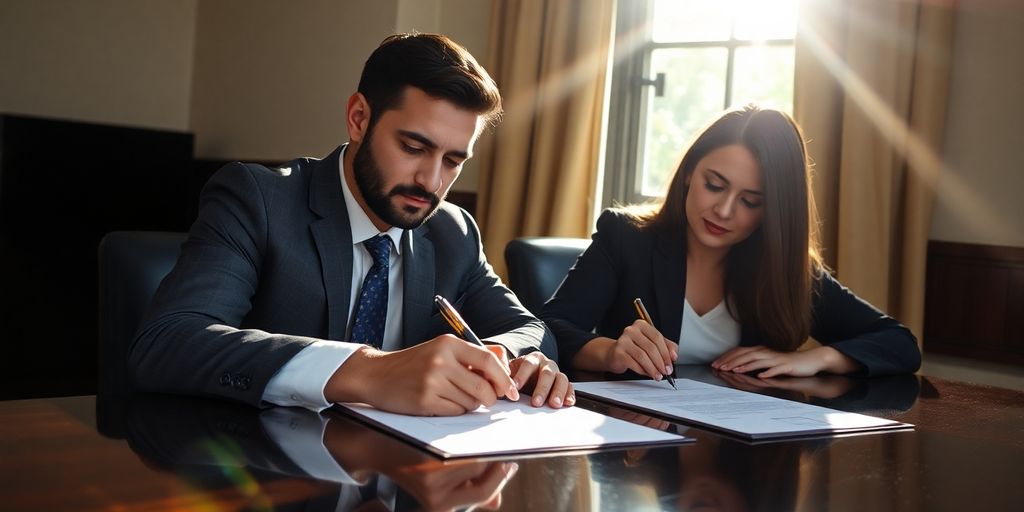 Couple signing divorce papers with legal documents.